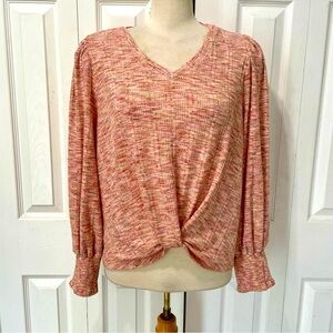 Democracy Women's Pink Front Knot Ruched Textured Smocked Long Puff Sleeve Top